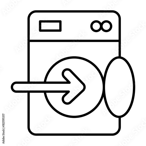Washing machine with opened lid and arrow thin line icon, washing concept. Vector graphics. Machine for washing, loading sign on white background, style icon mobile or web design.