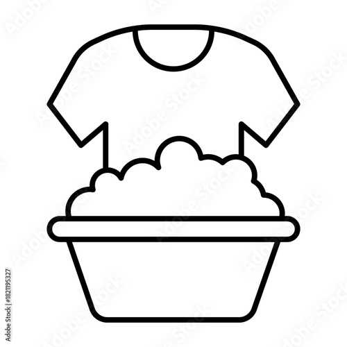 Basin with foam and tshirt thin line icon, manual washing concept. Vector graphics. Soap foam bowl with shirt, laundry sign on white background, style icon mobile or web design.