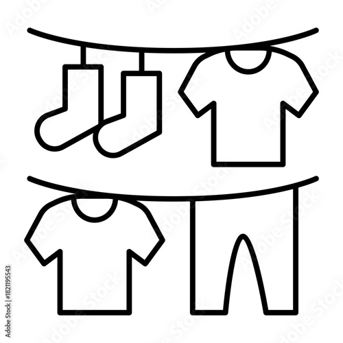 Washed clothes on strings thin line icon, washing concept. Vector graphics. Clean linen, laundry sign on white background, style icon mobile or web design.