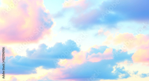 Soft pastel pink and blue cumulus clouds fill the sky during sunset or sunrise