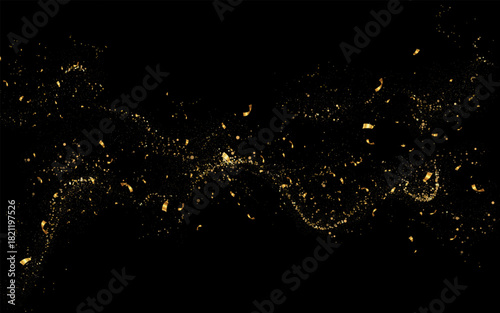 Isolated golden textured wavy composition on black background.