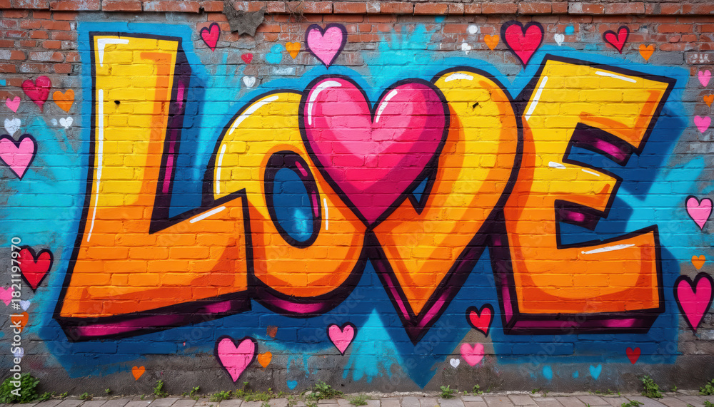 Fototapeta premium Large graffiti spelling LOVE in bright orange and yellow letters on a blue brick wall. Pink hearts surround the word and add a playful touch. Urban art expresses affection and joy.