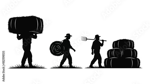 Farmers harvesting hay silhouettes isolated on white background, Vector