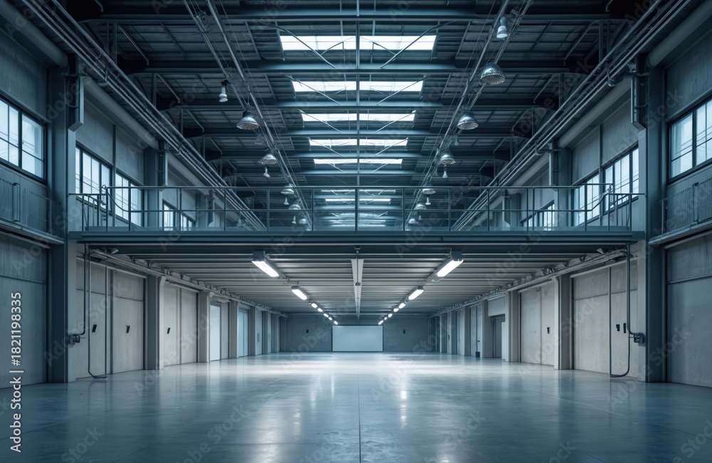 Fototapeta premium Vast empty industrial hall with mezzanine and skylights at night. Concrete floor reflects overhead lights. Multiple doors line the walls. Open space ready for use or renovation.
