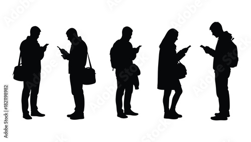 People silhouettes engaged with mobile phones isolated on white background, Vector