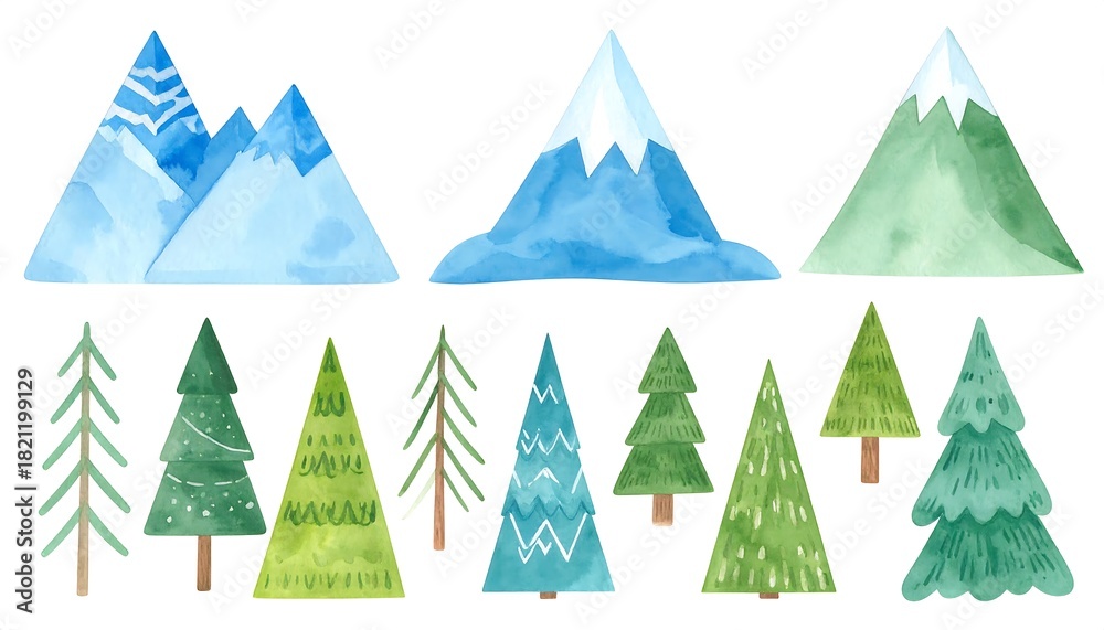 Obraz premium Watercolor mountain and tree illustration