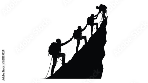 Team mountain climbing silhouette isolated on white background, Vector