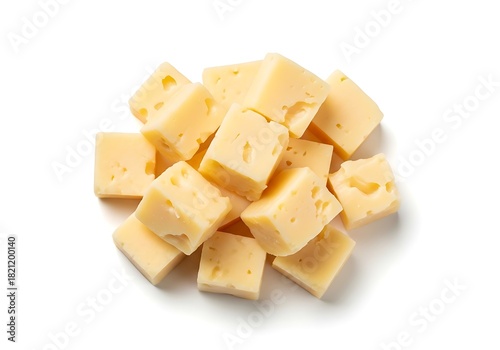 Heap of cubed cheddar cheese isolated on white background