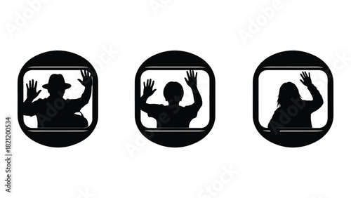 People silhouettes waving from windows isolated on white background, Vector