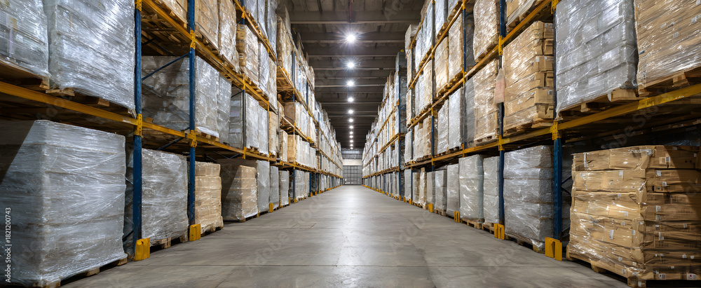 Obraz premium The warehouse pallet snugly covered with transparent shrink wrap film