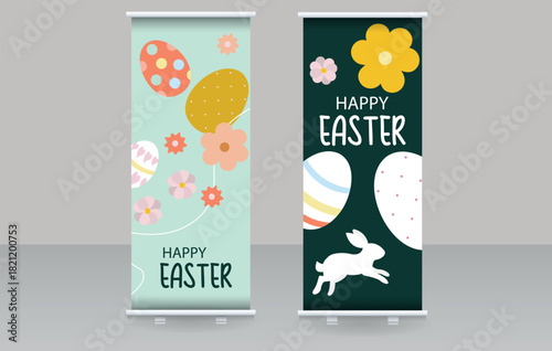 Happy Easter Roll Up Banner Set, Trendy Flat Design with Eggs and Bunny. Ideal template for event advertising, web headers, social media posts, or print materials for shops.