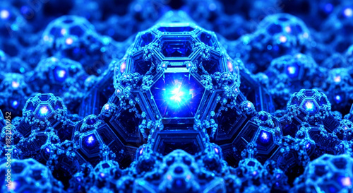 Abstract blue fractal structure with glowing hexagonal core and intricate detail