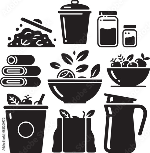 Food ingredients, kitchen pantry, spice jar, flour bag, fresh salad bowl, cooking oil