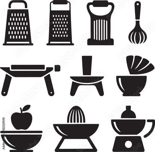 Kitchen icons, cheese grater, fruit juicer, whisk tool, apple peeler, cooking utensil