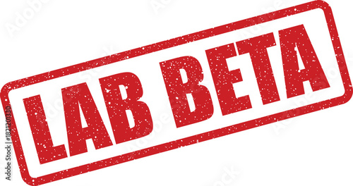 Rectangular distressed rubber stamp featuring bold text LAB BETA indicating an early testing or development stage for new products