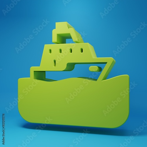 Green Cruise ship icon isolated on blue background. Travel tourism nautical transport. Voyage passenger ship, cruise liner. Worldwide cruise. Minimalism concept. 3D render illustration