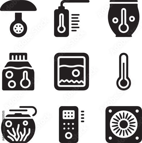 Smart home icons, thermostat temperature, remote control, fan cooler, humidifier mist, appliance