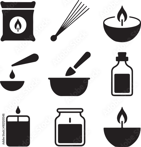 Spa icons, aromatherapy oil, candle light, wellness massage, beauty therapy, incense stick