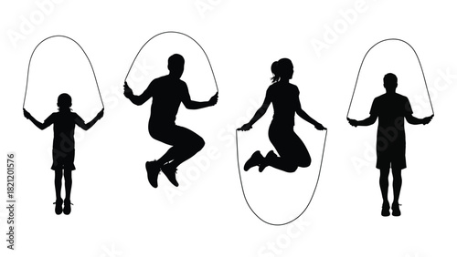 People jumping rope silhouettes isolated on white background, Vector