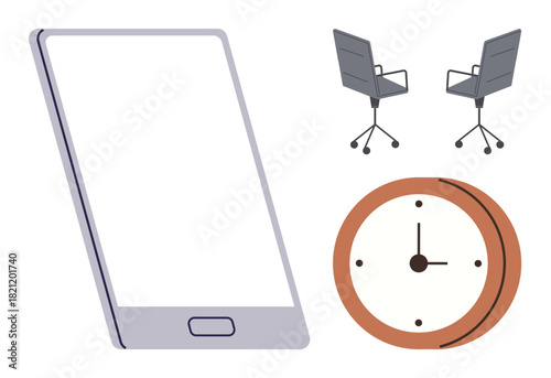 Smartphone, two office chairs, and a clock symbolizing productivity, teamwork, communication, time, workplace efficiency, scheduling and deadlines. Ideal for workplace themes efficient planning