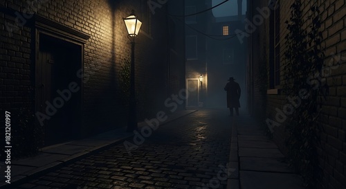A shadowy figure walking down a dark alleyway lit by gas lamps at night in a foggy atmosphere