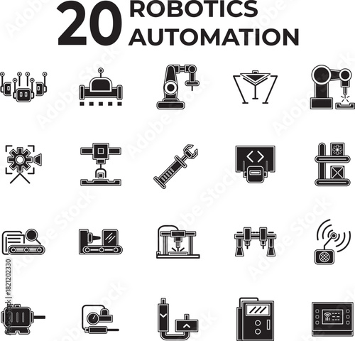 Modern solid-fill vector icons for industrial robotics and factory automation, covering core concepts like manufacturing, engineering, machine learning, sensors, and system control. 