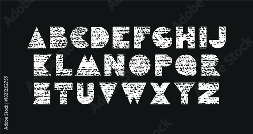 Typography font with geometric scribble alphabet. Modern abstract typeface design with doodle letters in geometry style. Set of English characters and digits, vector illustration