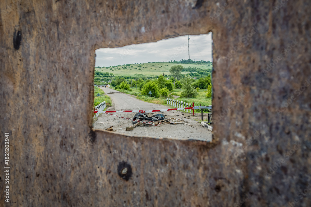 Obraz premium Area of frontline positions of pro-russian militia in Sloviansk during Russo-Ukrainian War in Donbas region, Ukraine