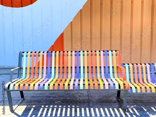 Colorful bench in front of building