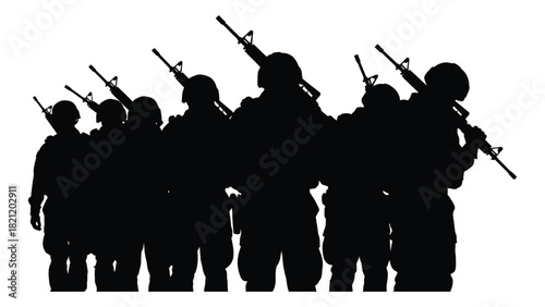 Armed military soldiers silhouette isolated on white background, Vector
