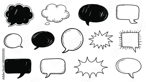 Diverse collection of empty speech bubbles in various shapes and sizes for comic and communication design