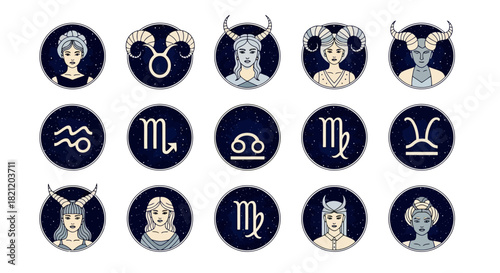 Zodiac signs icon collection with female character illustrations and astrological symbols for horoscope and divination concepts