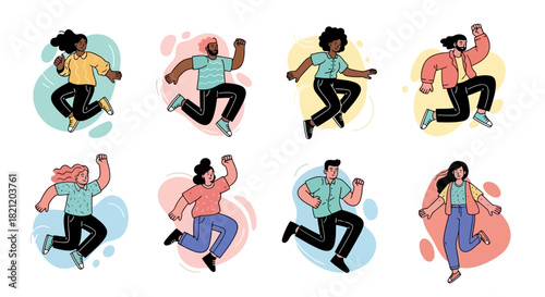 Diverse group of people jumping and celebrating in a dynamic and colorful illustration