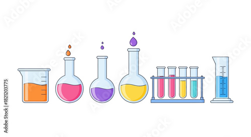 Science laboratory equipment collection, including beakers, flasks, and test tubes with colorful liquids