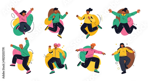 Joyful People Jumping Dynamic Vector Illustration of Diverse Characters