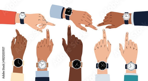 Diverse collection of hands, each displaying a unique skin tone and a stylish wristwatch, pointing in various directions to symbolize individual paths, collective timing, and universal moments