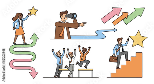 Vector illustrations of key business success concepts strategic goal achievement, visionary leadership, collaborative teamwork, and professional career growth