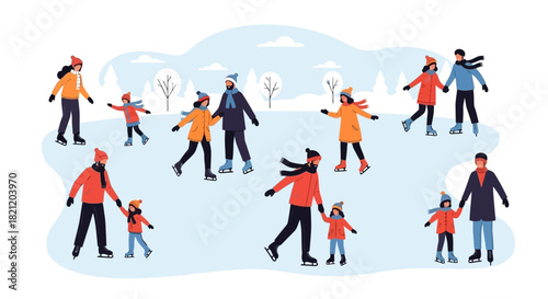 Happy families and children enjoying outdoor ice skating together in a snowy winter park during the holidays