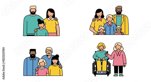 A set of diverse family illustrations showcasing various modern family units, including interracial couples, children, and people with disabilities