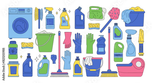 Comprehensive collection of colorful household cleaning supplies and equipment, perfect for maintaining a pristine and hygienic home environment