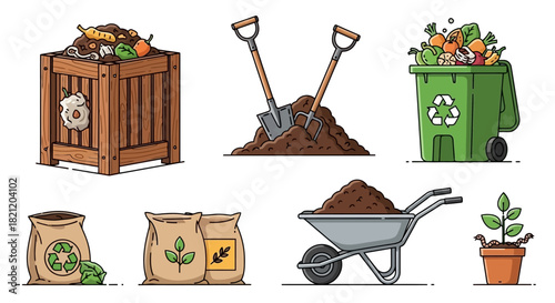Composting and Gardening Supplies Collection - Sustainable Waste Management and Organic Cultivation