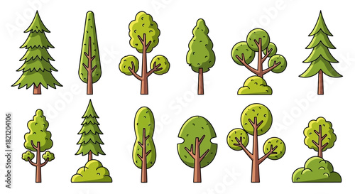 A diverse collection of stylized cartoon trees and firs, showcasing various shapes and forms. Green forest and park plant illustrations set on a white background
