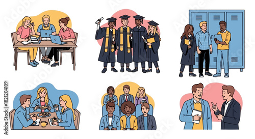 A comprehensive set of illustrations capturing diverse scenes of student life, from classroom studies and collaboration to graduation day