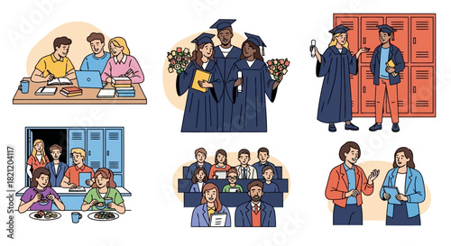 Vibrant illustrations capturing the essence of student life, from collaborative study sessions and campus interactions to the proud moments of graduation