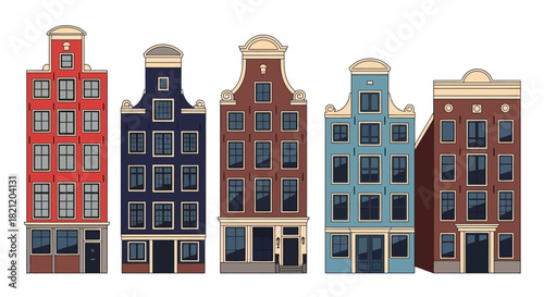 Charming Dutch Canal Houses Facades Vector Illustration, European City Architecture Collection