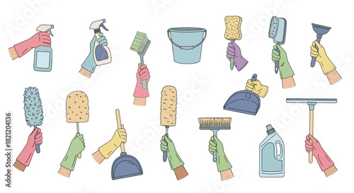 Illustrated collection of cleaning service icons with hands holding supplies like sponges, brushes, and detergents for various housekeeping tasks