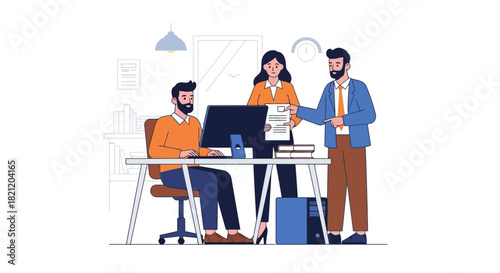 Teamwork in the office employees collaborating on a project, reviewing documents and discussing ideas with a computer