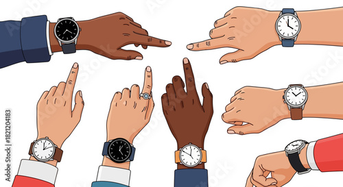 Wristwatch Hands Pointing A Diverse Collection of Timepieces and Gestures