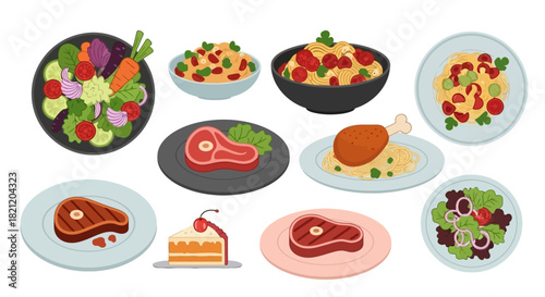 Set of delicious cartoon meals. Various plates with main courses like steak and pasta, fresh salads, and a slice of cake for dessert
