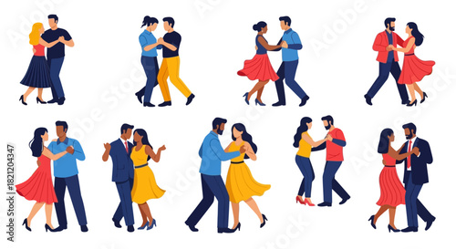 Vibrant illustrations depicting diverse couples engaged in energetic partner dancing, expressing the universal concept of rhythm, connection, and joyful movement together